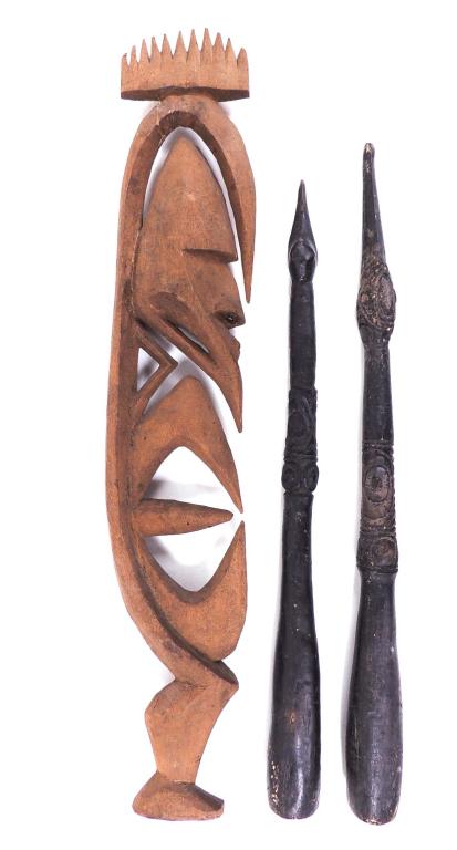 3 Wood New Guinea Carved pieces: 2 spear tips (19" and 20" long) and (repaired) carved wood fertility (we assume) male figure.