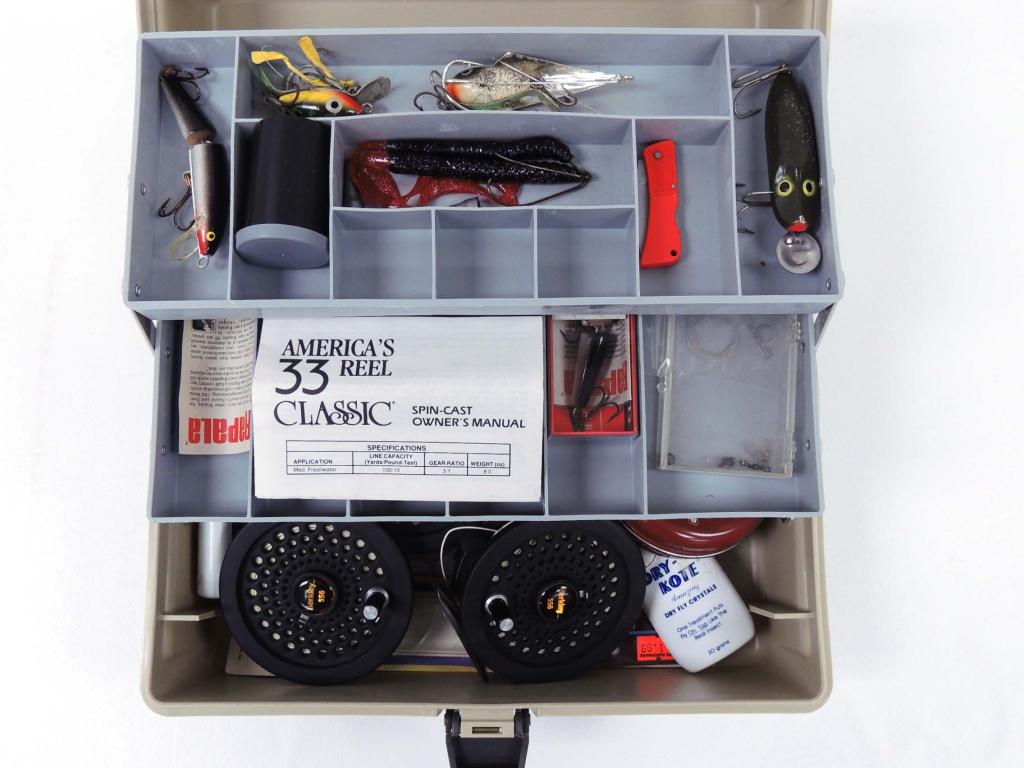 Berkley Fishing Reels, Tackle Box, Lures: 2 Complete and 1 replacement spool for Berkley 556 Reels. Flambeau Tackle Box with Lures.