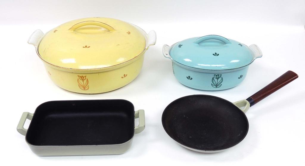 Enameled Cookware Lot, 4 Pcs: Dru, Holland. Large Casserole, Dru, Holland marked "4126-32" (yellow, small chip on rim). Oval Casserole (Holland, Marked "24"), Club Colorcast Waterford, Ireland - small uncovered casserole (marked "