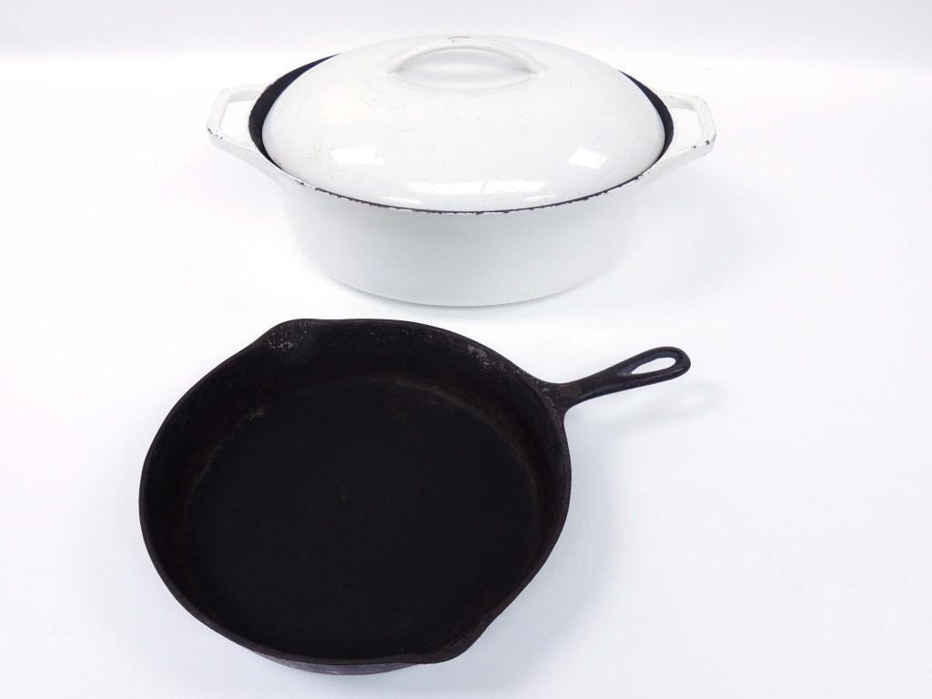Club Casserole & Cast Iron: Club Colorcast white covered large casserole (13 x 10 [at top] x 5.25") and (Wagner?????) #8 cast iron pan (rings - no cracks).