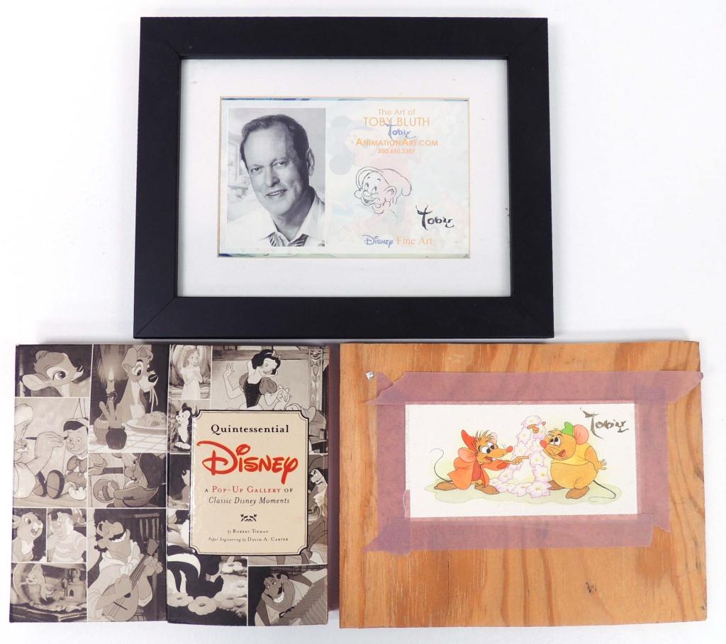 Disney Memorabilia: Pop-up Gallery Book, Watercolor, Animator Portrait (All signed by Toby Bluth)