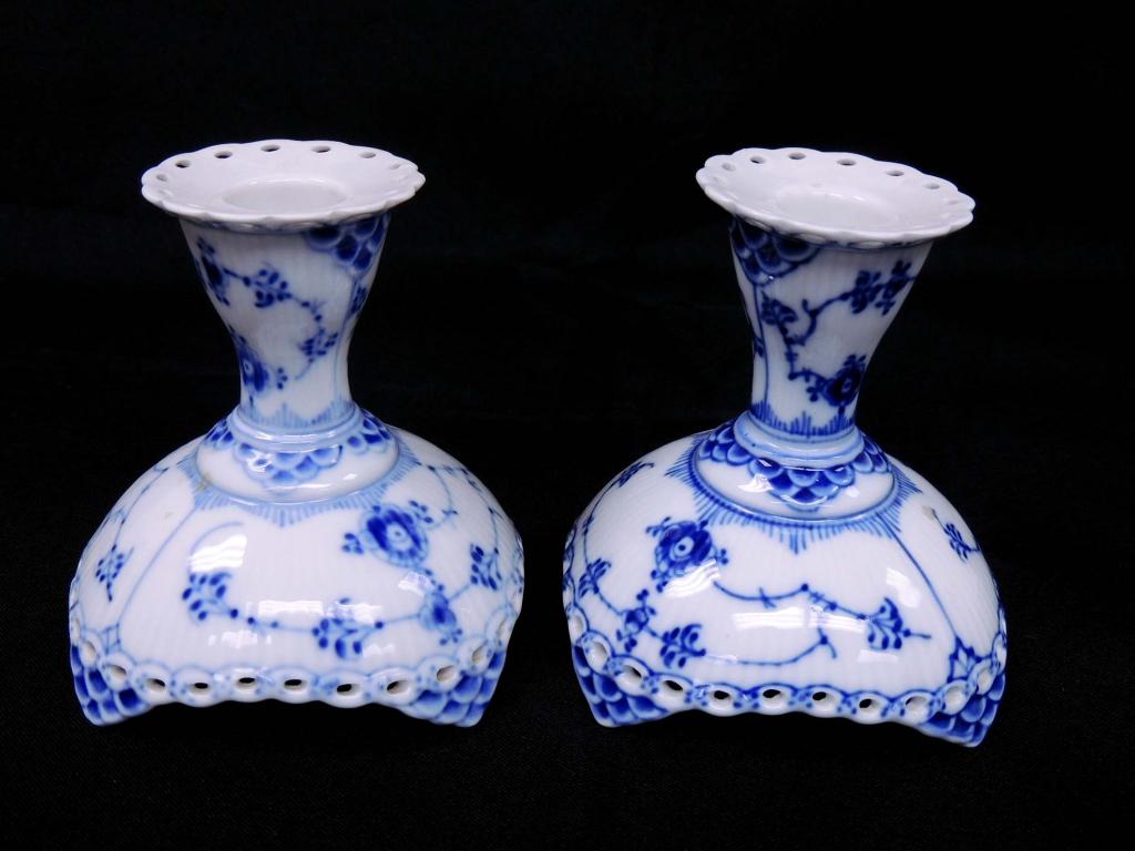 Royal Copenhagen Lace Blue Fluted Candlesticks: Full Lace Blue Fluted Candlesticks, #1138. 4 x 4 x 4"