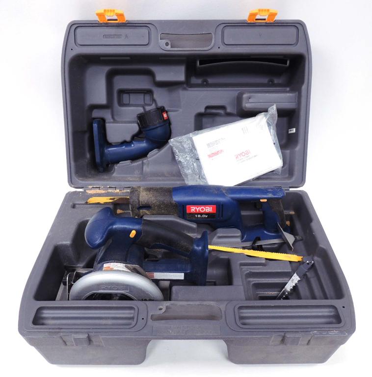 Ryobi Rechargeable 18.0 volt Saws: Circular saw and reciprocating saw. No charger, no batteries. In case with extra reciprocating blades. Local Pick up only. No shipping available for this lot.