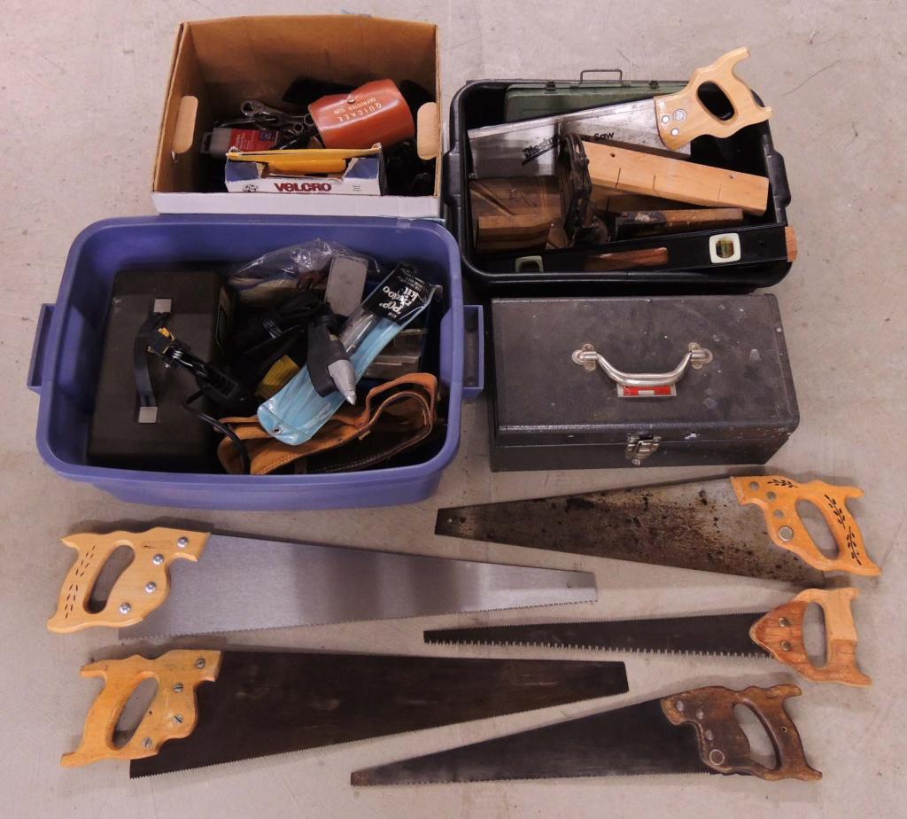 4 Boxes of Tools & Simmonds tool box: 5 wood saws, mitre box and saws, cheap socket set, wood and metal levels, work belt, work light, rivet tool, Glue gun, plastic tool box with some drill bits, Quickee Defroster Gun, wrenches (including