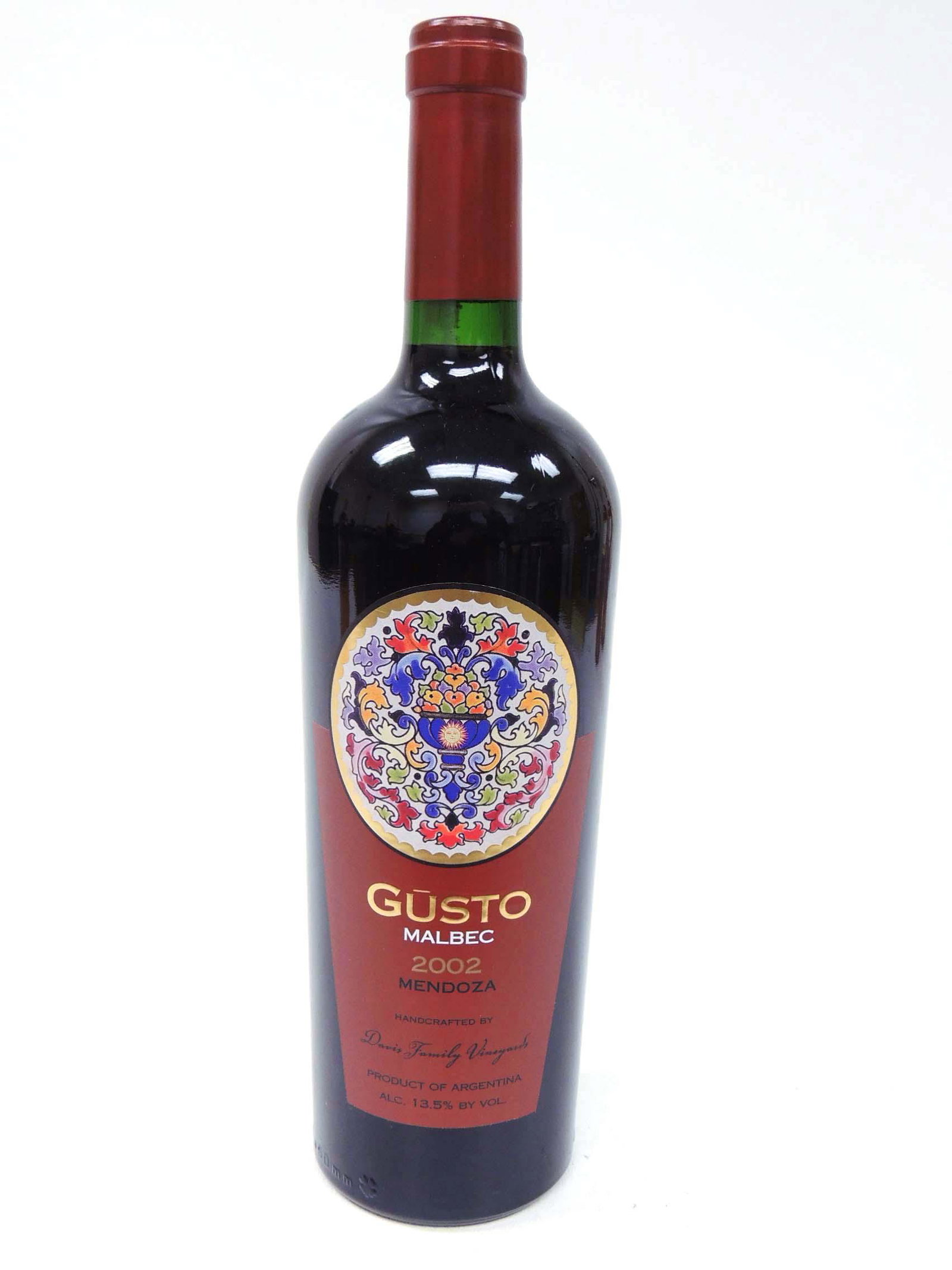 2002 Gusto Malbec Mendoza Davis Family Vineyard: 750ml, Argentina. If you need bottles shipped, please talk to Ian before bidding.