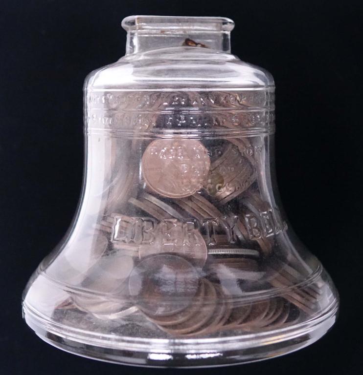 GLASS BELL BANK OF MYSTERY!: A glass Liberty Bell bank filled with coins. What coins? We don't know! We see a lot of wheat cents, a few Buffalo nickels, and at least one silver dime. The bank is pretty full, but it can only be op