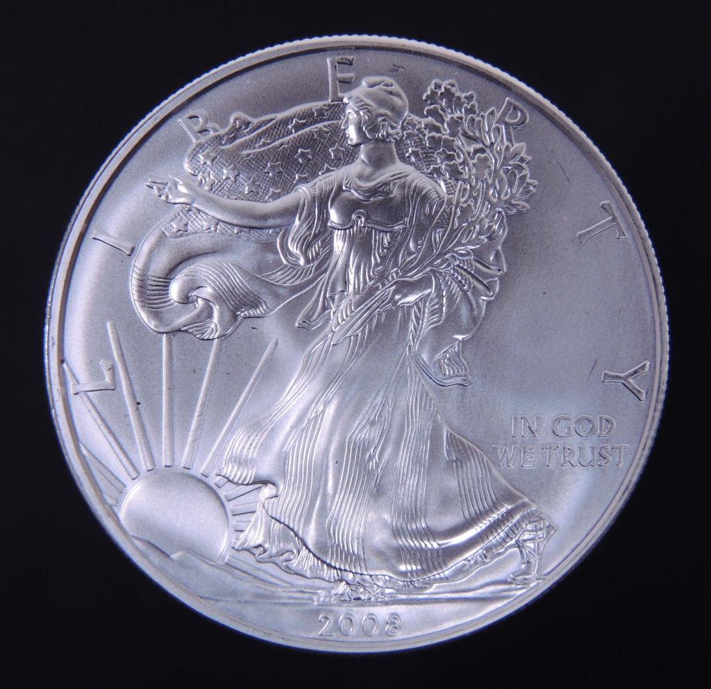 2008 BU Silver Eagle: 2008 U.S. $1 Silver Eagle bullion coin. 1 troy ounce of .999 fine silver.