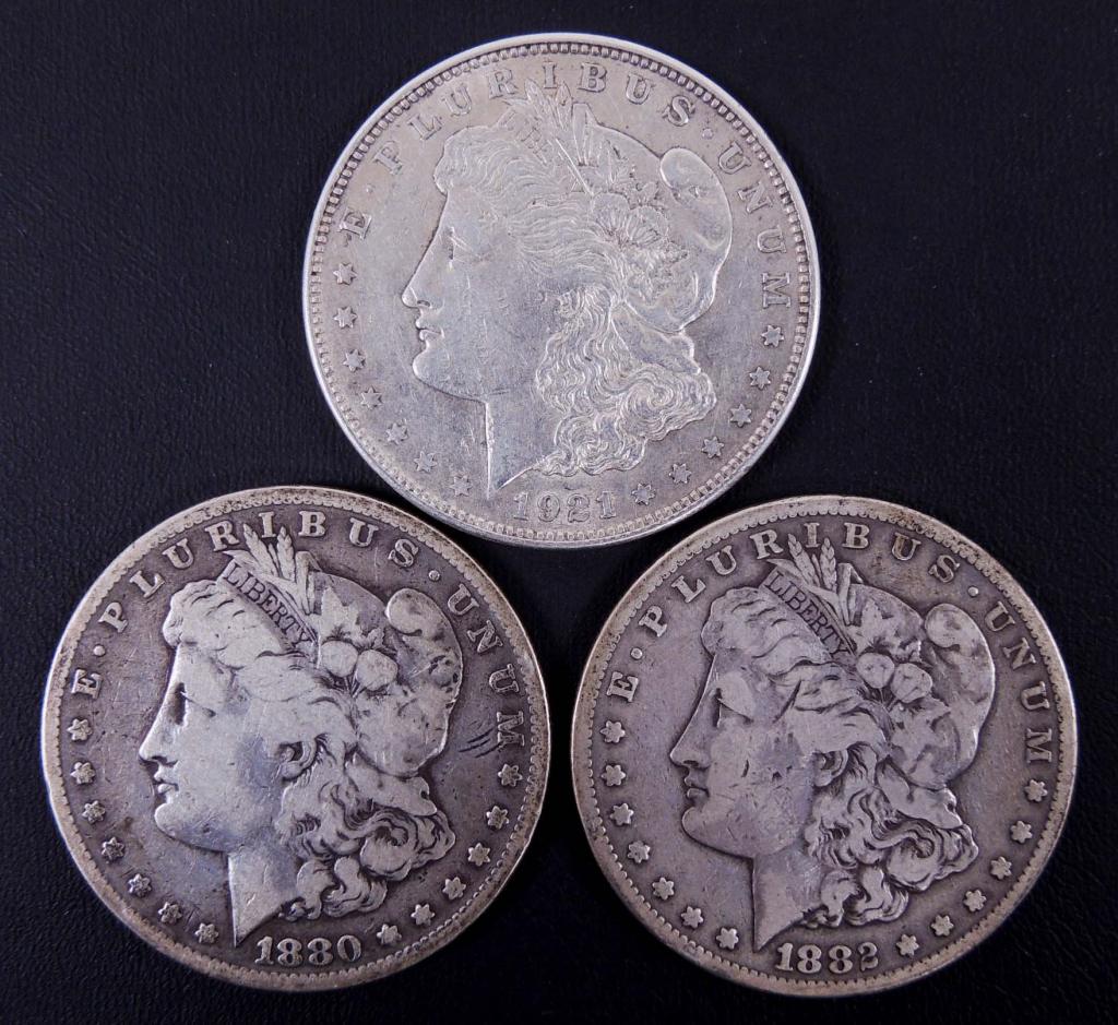 Morgan Silver Dollars (3): 1880-s, 1882-s, 1921-d. All coins 90% silver.