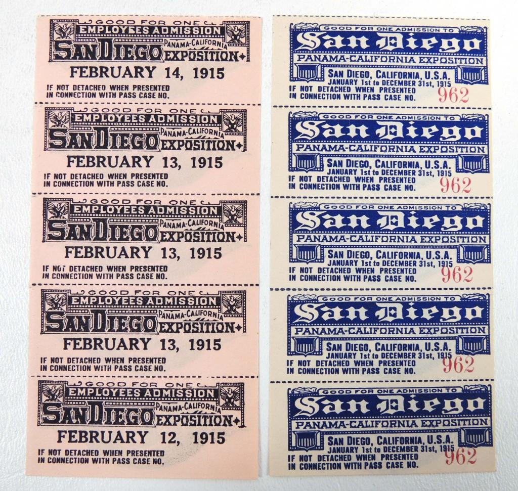 Two Sets 1915 San Diego Expo Admission Tickets: Two sets of 5 attached tickets to the Panama-California Exposition of 1915 held in San Diego, California. This World's Fair commemorated the opening of the Panama Canal to increase trade between the E
