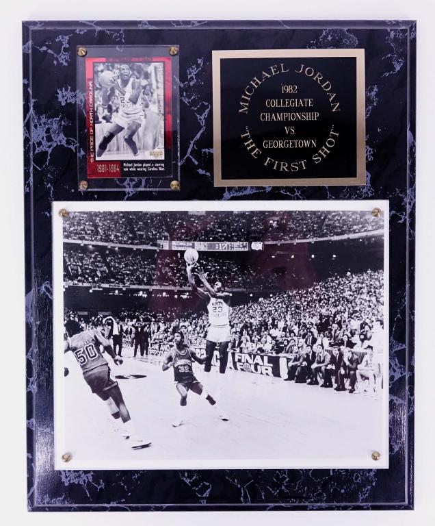 Michael Jordan NCAA Plaque With Card: Michael Jordan's NCAA game winning shot for North Carolina plaque with card.
