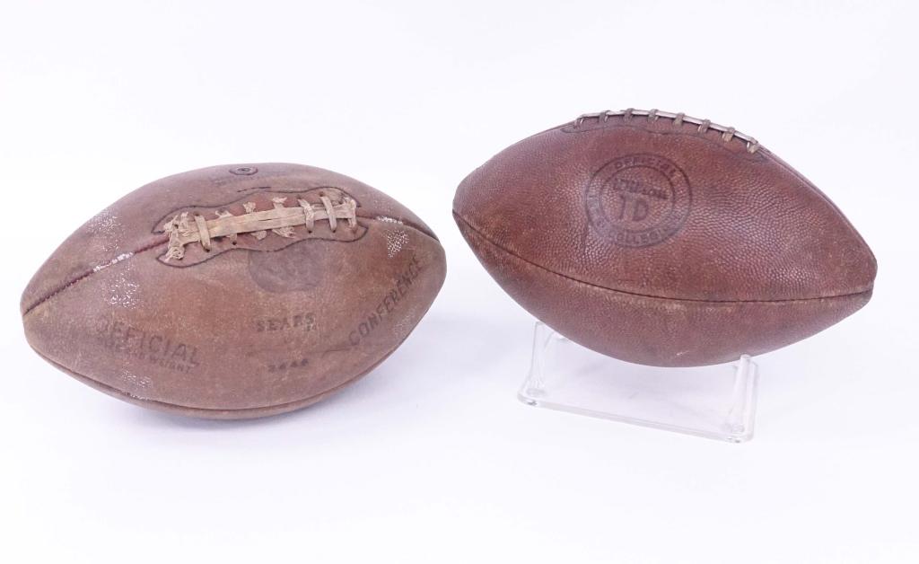 2 Vintage Footballs: Sears 2446 Official Conference "SEC"; Wilson TD Intercollegiate.