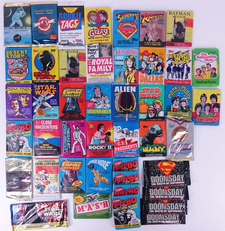 4 Dozen Unopened Mostly Non-Sports Cards: 4 Dozen unopened mostly non-sports card packs, including Star Wards, Andy Griffith, Superman, etc.