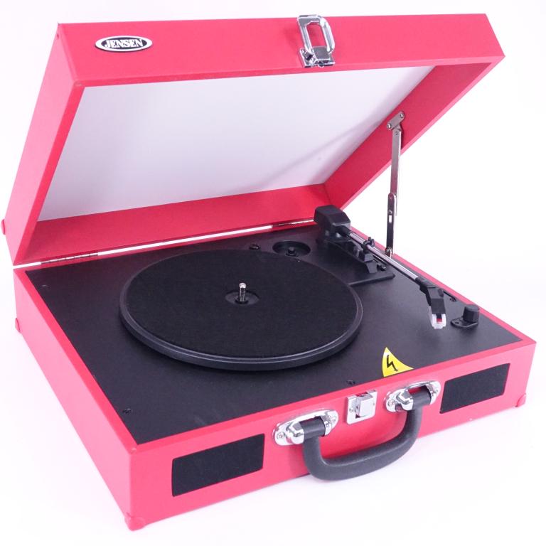 Jensen Portable Record Player: No power cord or 45 adapter. Some staining on case.