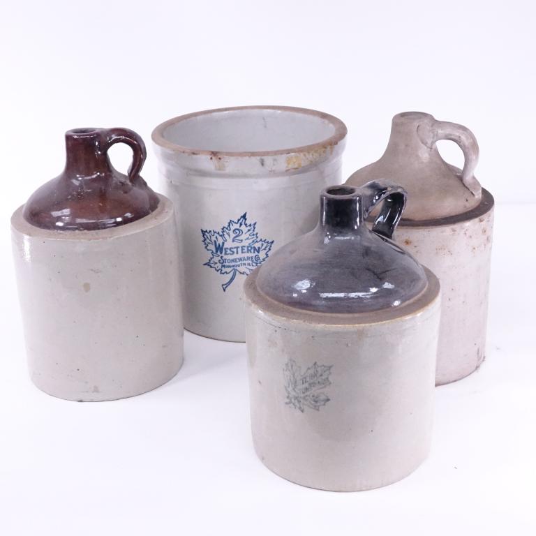 3 Jugs (1 is Western), 1 Western Crock: Crock: #2 Western Stoneware. 1 jug is also Western Stoneware. *****Third party shipping or local pickup only. We canNOT ship this lot in house*****.