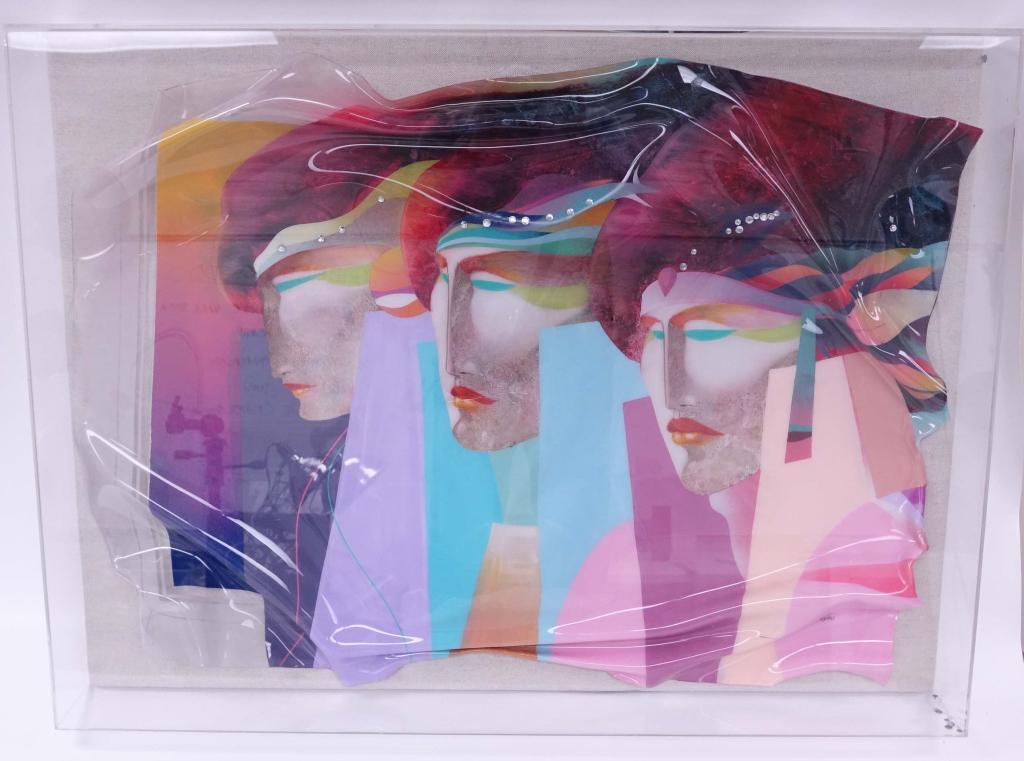 Ned Moulton; Acrylic Faces (Paint on Acrylic in Plexi?): Ned Moulton, Artist. Appears to be paint on acrylic in a plexi mount . There is some damage and some sequins have fallen off. 40.5 x 30.5" *****3rd party shipping or local pickup only. We can NOT ship