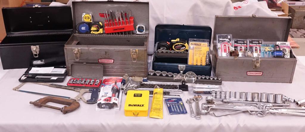 Metal toolboxes (4) and tools!: *****3rd party shipping or local pick up only. We can NOT ship this from the house*****. 4 metal tool boxes and tools. 2 grey Craftsman boxes, 1 black Master Mechanic box, and 1 blue Simonson box. Too