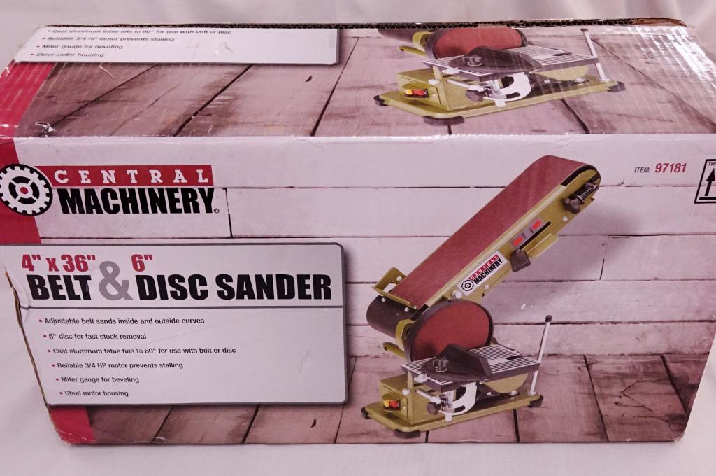 Central Machinery Belt & Disc Sander: *****3rd party shipping or local pickup only. We can NOT ship this item from our shop*****. Central Machinery belt & disc sander, used, in original box. Model 97181. 4 x 36 x 6"