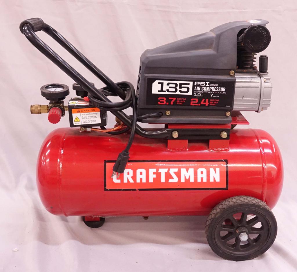 Craftsman Mobile Air Compressor: *****3rd party shipping or local pickup only. We can NOT ship this item from our shop*****. Craftsman air compressor on wheels. 7 gallon, 135 psi. #E106545.