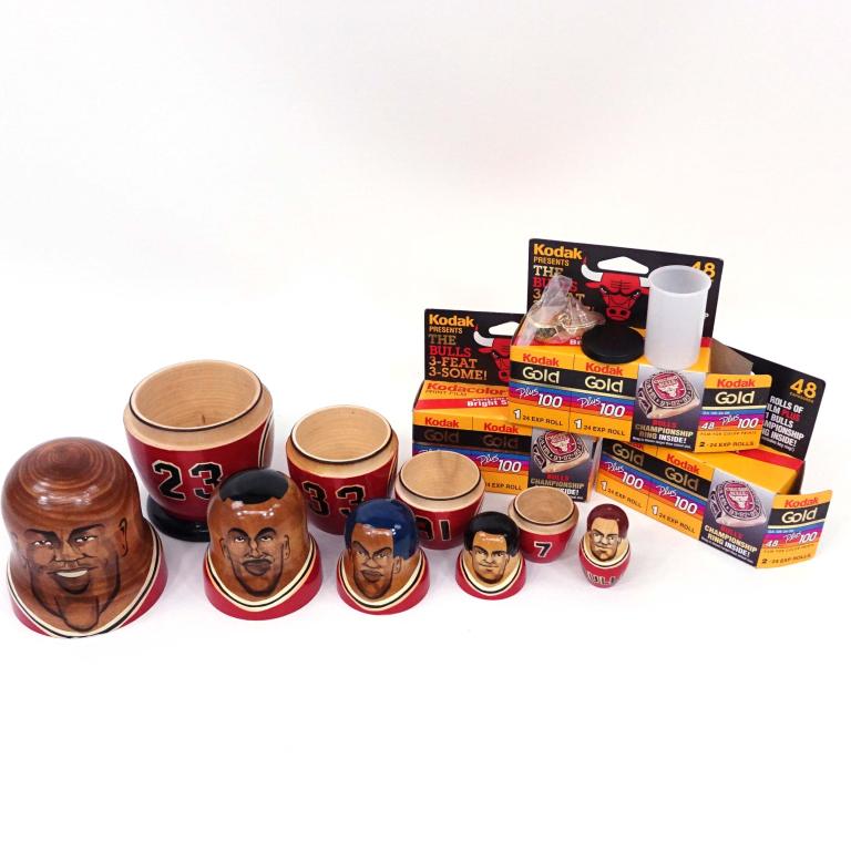 Chicago Bulls Stars Hand-Painted Nesting Dolls: Starts with Michael Jordan, has Pippen, Rodman.... Includes three Kodak Bulls championship rings.