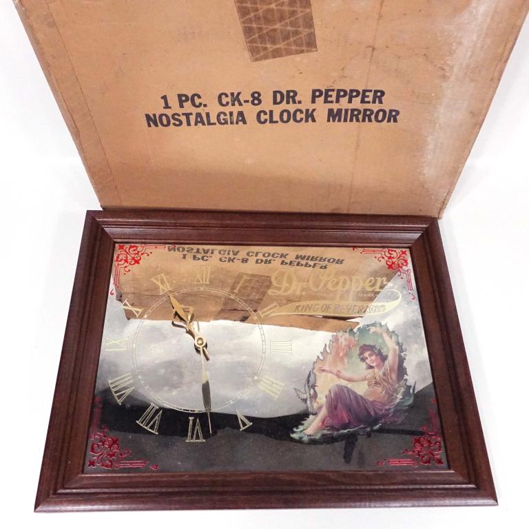 Dr. Pepper Advertising Mirror Clock: Vintage Dr. Pepper advertising mirror clock in box. 19 7/4" x 15 1/4". Clock is functioning. Beeco Manufacturing Co.