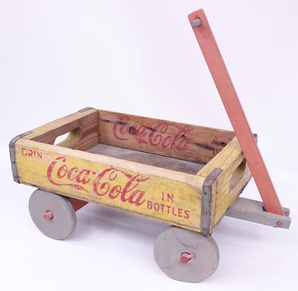 Handmade Wagon - Coca-Cola Crate: Handmade Coca-Cola wagon with body and wheels. Two wheels are missing lock pins. 11 5/8" x 18 x 9". Handle adds 18". Tray marked Chattanooga 1964.