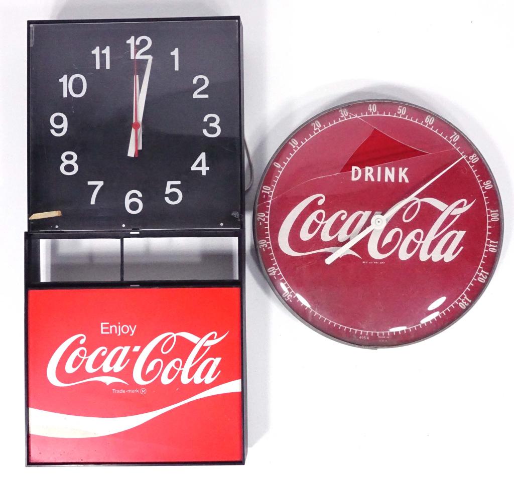 Coca-Cola Thermometer & Clock: Coca-Cola round thermometer and advertising wall clock. Thermometer is 12" diameter. 2" tall. Clock is 10.25" x 20.25" and is non-functioning, plexiglass is broken.