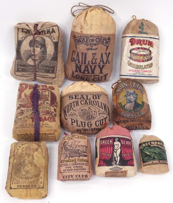 Vintage Pouches of Tobacco B Lot (10): Full pouches of La Turka, Gail & Ax Navy, Pedro, Mickle & Sons Grape, Marburg Bros., Union Cut, Drum, Greek Slave, City Club and Greenback. 10 total.