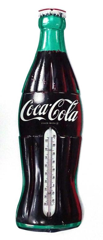 Coca-Cola Wall Thermometer (Bottle): Coca-Cola wall thermometer. Metal. Bottle-shaped. 8.5" x 29.25".