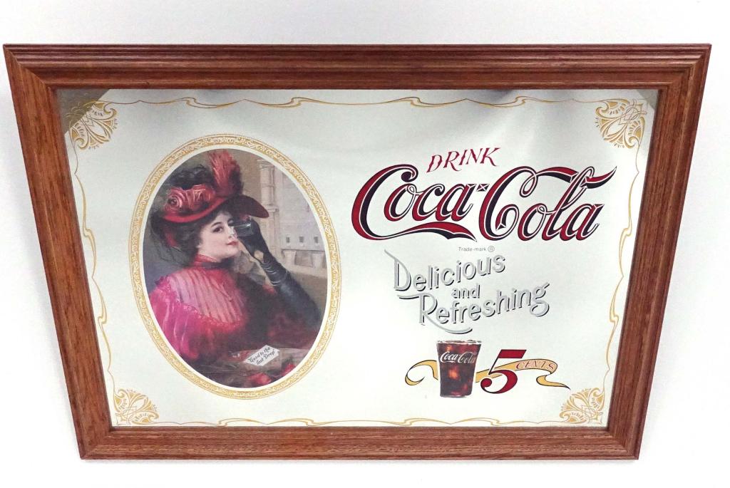 Framed Coca-Cola Mirror: 1980's/1990's, 24.75" x 17.5". Wood frame!
