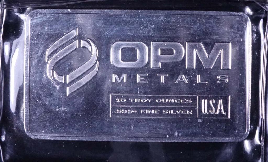 10 ozt Bar of 0.999+ Fine Silver (OPM): 10 troy ounce bar of 0.999+ fine silver from OPM Metals in original plastic wrap.