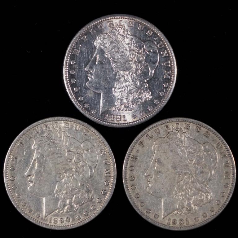 Morgan Silver Dollars (3): 3 Morgan silver dollars: 1881-s, 1890, 1901-o. 90% silver. Anticipated sale time for this lot: 5:24 pm, CST.