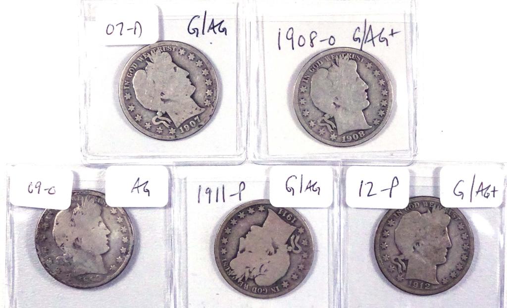 Barber Half Dollars (5): 5 Barber silver half dollars: 1907-d, 1908-o, 1909-o, 1911, 1912. Consigner reports all coins as almost good - good in condition. Anticipated sale time for this lot: 5:40pm, CST.