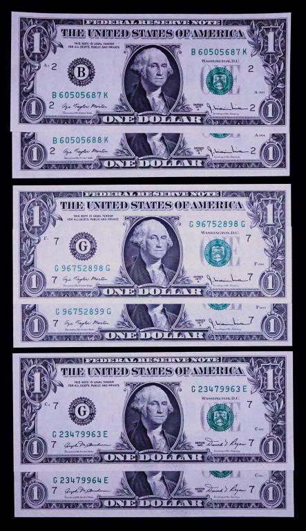 One Dollar Bill Pairs - Consecutive Serial Numbers: 3 pairs (6 bills total) of one dollar ($1) bills with consecutive serial numbers. One pair is series 1977A (New York Federal Reserve), one pair is 1977A (Chicago Federal Reserve), and one pair is seri