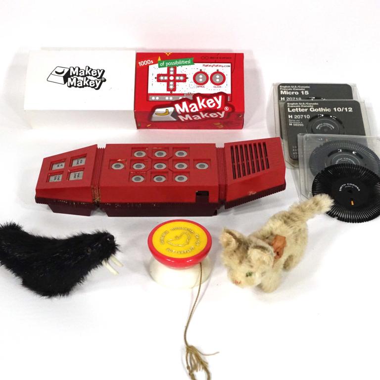 Toy Lot - Steiff, Merlin, Makey-Makey: Vintage Duncan Butterfly yo-yo. Merlin electronic game. Cat and walrus - Steiff or Steiff-style. Makey-Makey computer kit, new in box.