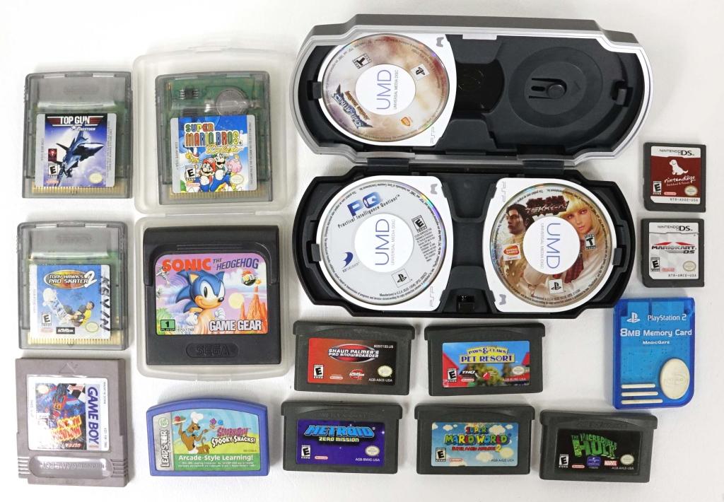 Video Games - Nintendo Game Boy, DS, PS: Game Boy color: Super Mario Bros. Deluxe, Top Gun, Tony Hawk's Pro Skater 2. Nintendo Game Boy: Ultra Motocross Maniacs. Nintendo Game Boy Advance: Shaun Palmer's Pro Snowboarder, The Incredible Hulk,