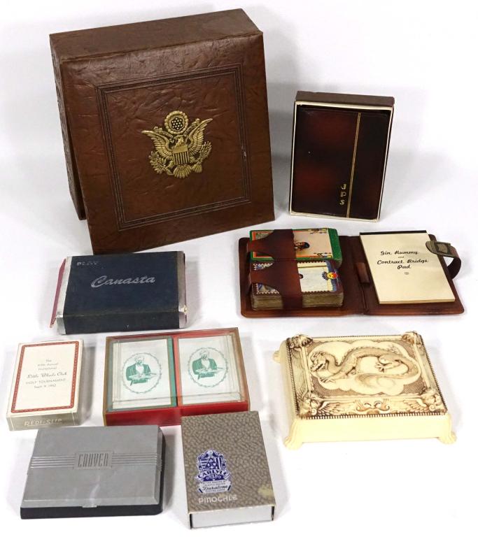 Boxes & Vintage Card Deck: Faux leather box with US Seal (8.5 x 8.5 x 2.25"). Leather wallet (JPS monogram) with bridge scorepad and 2 paper wrapped decks of cards - in box. Still sealed deck from 1952 golf tournament. Carlyle 