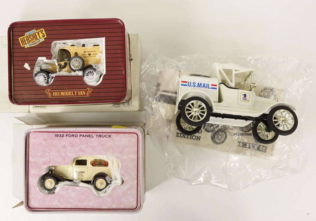 3 Promotional ERTL Trucks: #B312 Ertl Hersheys 1913 Model T Van in box. Ertl 9843UA 1:25 "U.S. Mail" 1918 Ford Runabout Die Cast Bank in Box with Key. Ertl Campbell's Soup 1932 Ford Panel Truck in box. All New Old Stock in box.