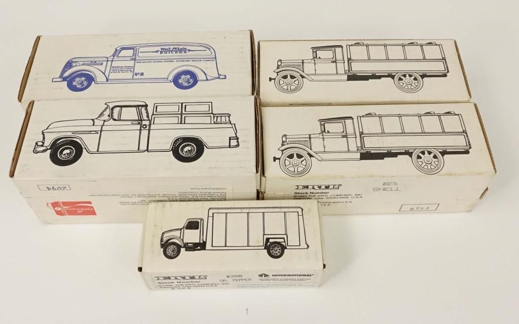 5 Promotional ERTL Die Cast Trucks: Mobil Oil 1931 Hawkeye Tanker Bank, B278 (1993). Shell Oil 1931 Hawkeye Tanker Bank, B276 (1993). Dr. Pepper Beverage Truck, 3908 (1993). Coca Cola 1955 Pickup Truck Bank (1994). Weil-McLain Boilers 1
