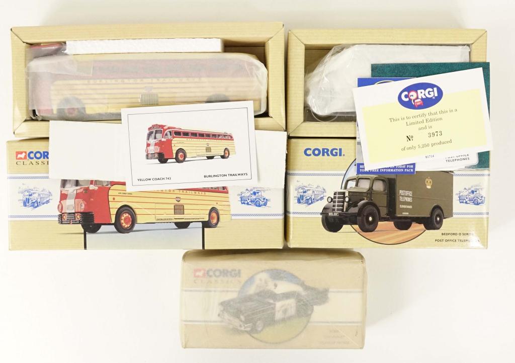 3 Corgi Die Cast Models (1993): Chevrolet Highway Patrol (in Factory Paper wrap over box). Bedford O Series Post Office / Telephones Telephone Manager Truck (Limited Edition to 5250 units). Burlington Trailways Bus - Yellow Coach 74