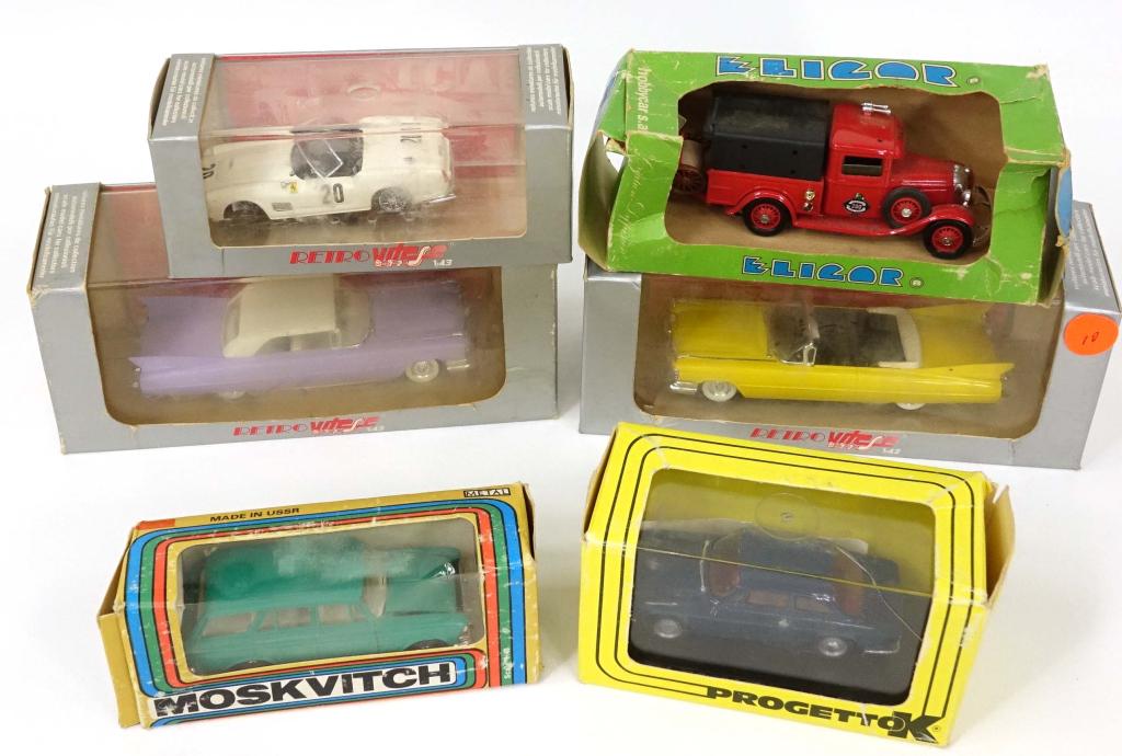 Assortment of Vintage Die Cast Collectible Cars: Moskvitch Russian (USSR) made 1:43. Progetto K 1/43 Italy. Eligor 1934 V8 Ford Fire Pumper. 3 1:43 Vitesse Retro Cars (1:43 Ferrari 250 Spyder California 24 Hr. Le Mans 1960 - with some damage. 1959 C