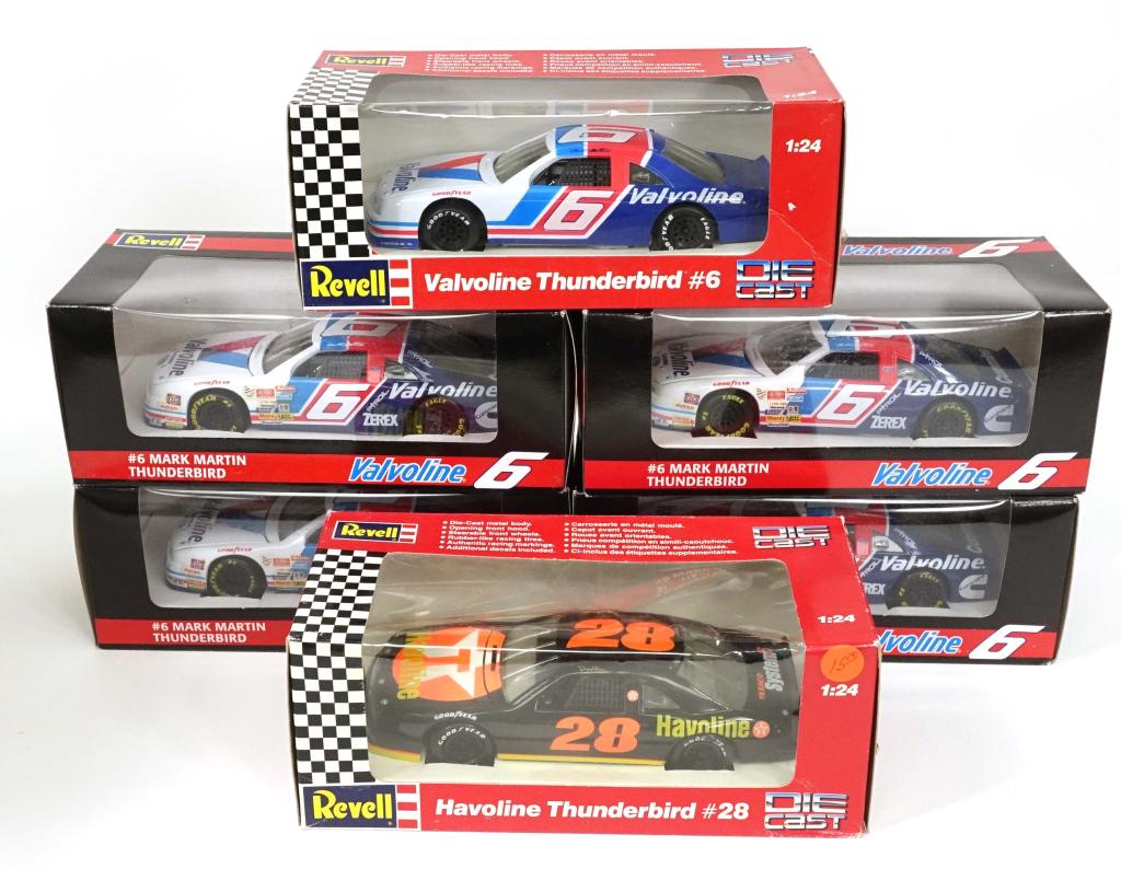 6 1/24 Scale Revell Monogram Race Cars: 5 #6 Valvoline Thunderbirds. 1992. #28 Havoline Ford T-Bird (2 styles). 1992. All New Old Stock in box. From smoker's home.