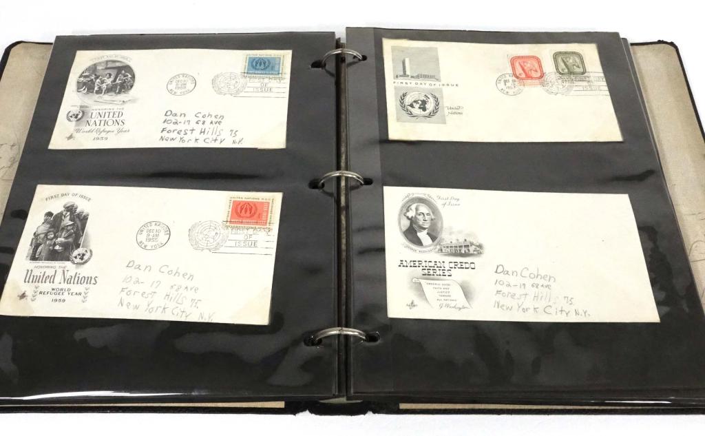 Binder of 1st Day Covers: Mostly 1950's, some 1940's. 67 total, including Alaska and Hawaii statehood, 1960 Winter Olympics, George Patton, BSA, Lincoln Sesquicentennial, UN covers, 1943 oppressed Belgium.