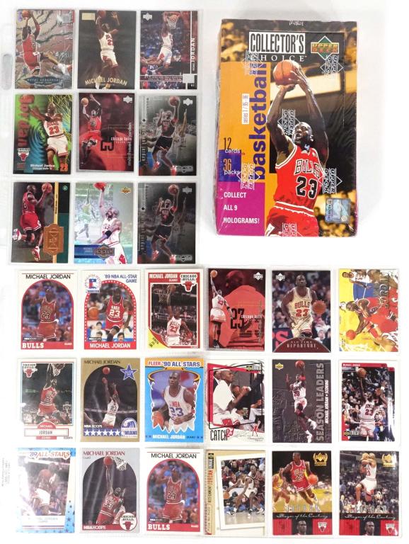 Upper Deck Basketball Cards and Jordan Cards: Unopened Upper Deck Collector's Choice series 1, 1995-96 basketball card box, plus 27 Michael Jordan cards including several early covers.