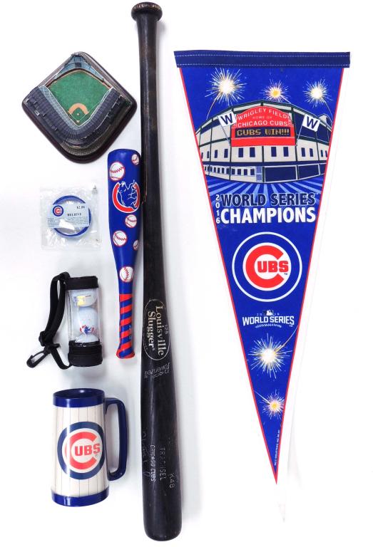 Cubs Game Used Bat Lot & Wrigley Dirt: Rawlings soft mini bat, sleeve of 3 golf balls, 2016 World Series felt pennant, Danbury Mint Wrigley Field miniature, game-used (?) bat signed by Steve Trachsel, mug, bracelet. Lot 14 guarantees the a