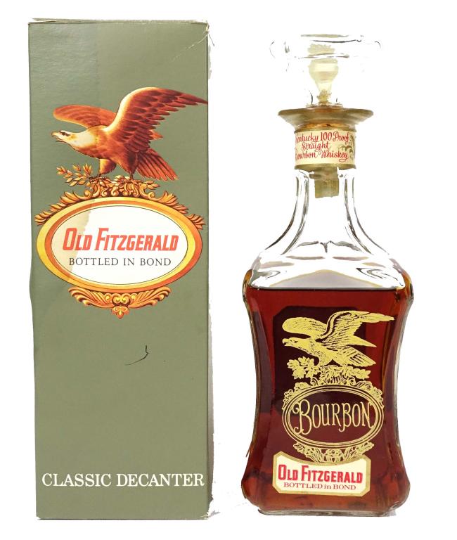 Old Fitzgerald Bourbon Whiskey Bottle: Seal broken. Eagle decanter. 6-year old. 4/5 qt. bottled in bond with green box. Fill at shoulder. Spring 66- Fall 72. LOCAL PICKUP ONLY. You MUST talk to Ian before bidding on any bottles!