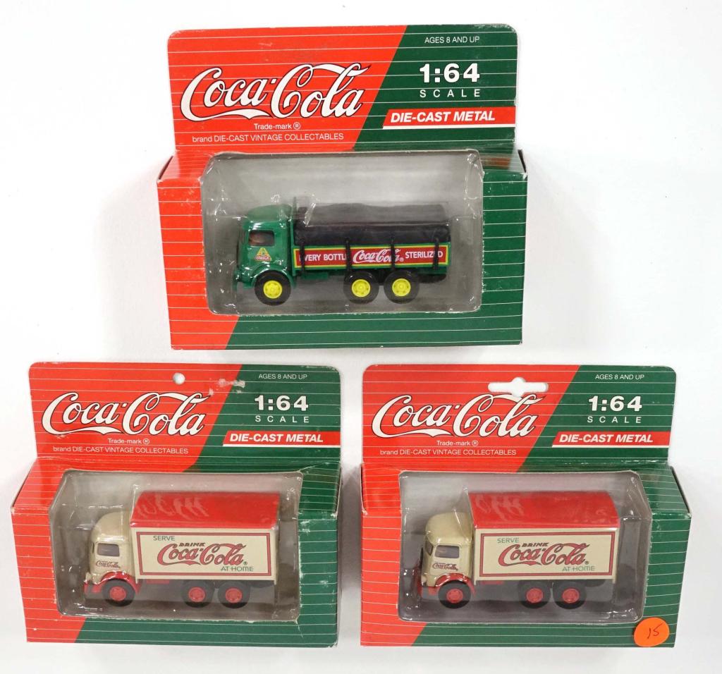 3 Vintage (91) Die-Cast Coca-Cola Trucks: 2 Serve Coca-Cola At Home Truck, 1:64 scale; 1 Every Bottle Coca-Cola Sterilized Truck, 1:64 scale;