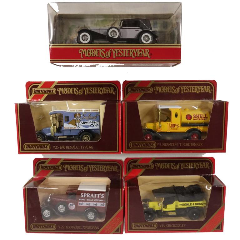Assortment of Vintage Die-Cast Matchbox Vehicles: 1 Matchbox Models of Yesteryear Spratt's Y-22 1930 Model 'A' Ford Van (Limited Edition), 1984;1 Matchbox Models of Yesteryear Suchard Y-25 1910 Renault Type AG, 1986;1 Matchbox Models of Yesteryear Sh