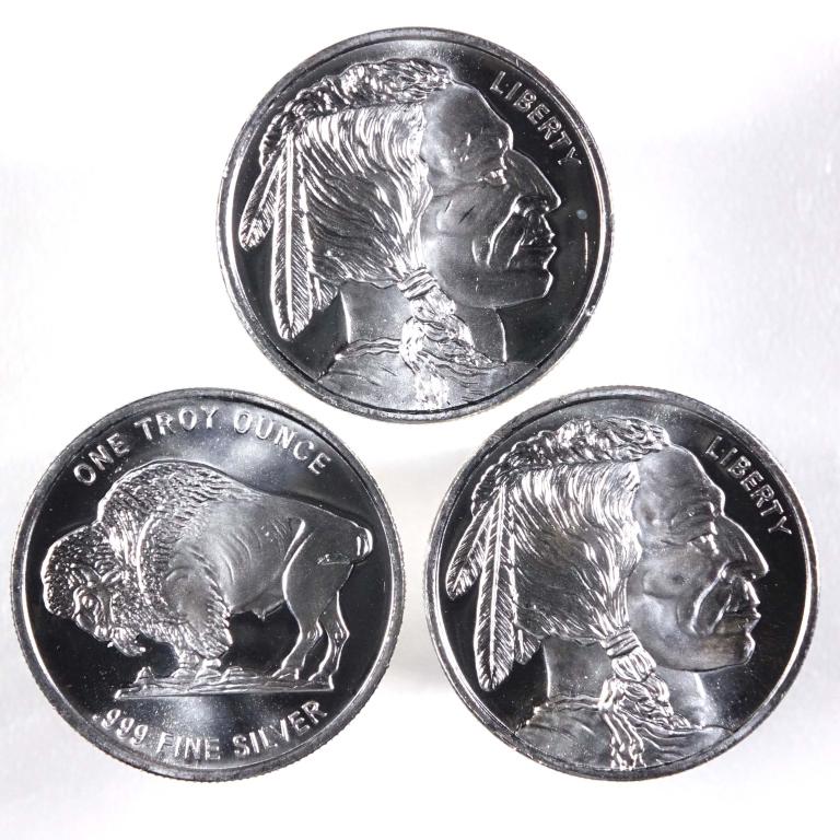 Fine Silver Rounds (3): 3 rounds of 0.999 fine silver. American Bison/Native American design.