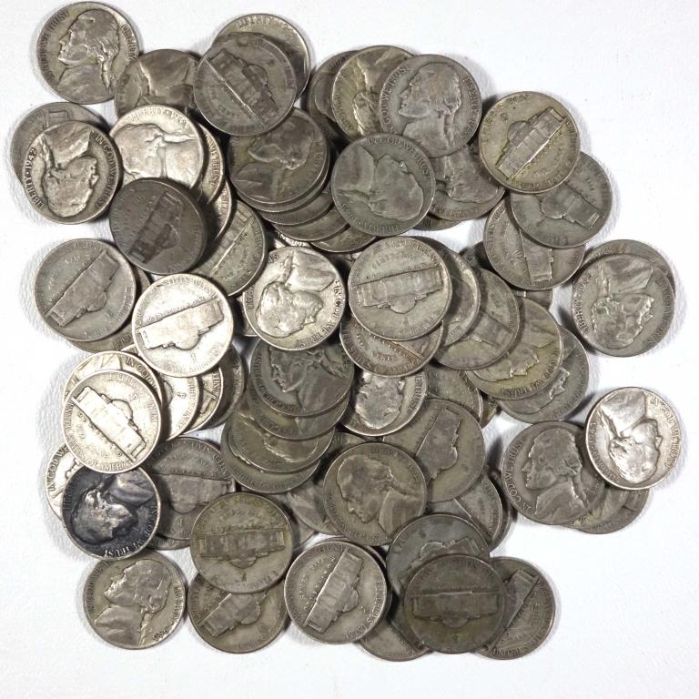 Silver World War II Nickels (80): 80 silver World War II era nickels (2 rolls worth). 35% silver. Various dates (1942-45) and mint marks. 4.5 troy ounces of silver in this lot.