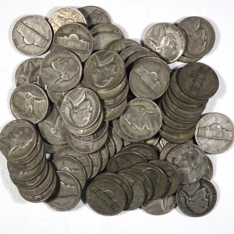 Silver World War II Nickels (80): 80 silver World War II era nickels (2 rolls worth). 35% silver. Various dates (1942-45) and mint marks. 4.5 troy ounces of silver in this lot.